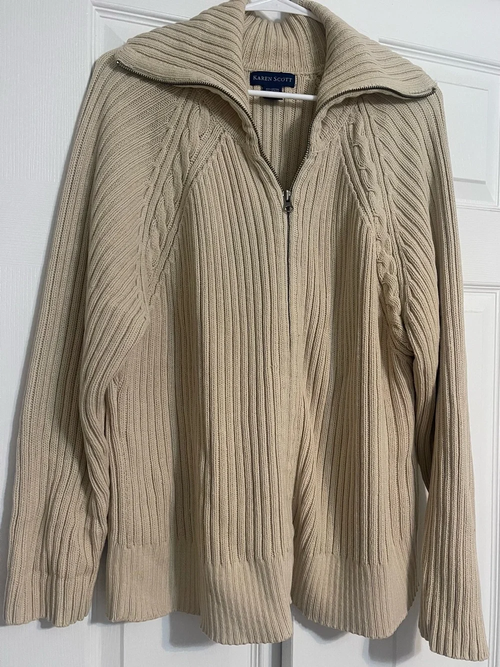Karen Scott Cable Knit Zip-Up Cardigan Sweater XL Beige Neutral